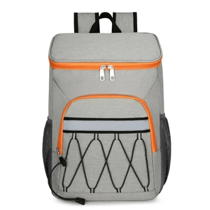Grey insulated picnic backpack with orange zippers and safety reflective strips for outdoors