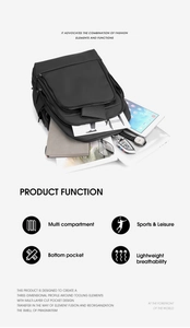 Detail showing multi-compartment interior and functional bottom pocket of black backpack