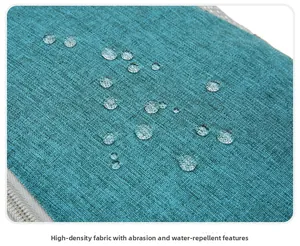 Close-up of teal waterproof fabric with water droplets and durable woven texture