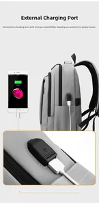 Detail view of water-resistant backpack with external USB charging port and cable connection