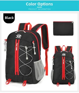 Detail view of foldable black and red outdoor backpack with breathable mesh side pockets