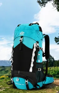 Detail of 60L cyan hiking backpack with breathable back system and durable fabric