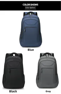 Detailed comparison of waterproof business backpacks in blue, black, and grey colors