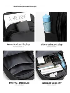 Detailed view of black laptop backpack showing multiple compartments and interior storage space