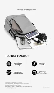 Detail view of the multi-compartment storage layout for laptop and digital accessories