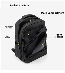 Detailed pocket structure of a black waterproof business backpack with multiple compartments