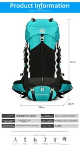 Detailed size chart of 60L waterproof hiking backpack showing dimensions 34x72x25cm