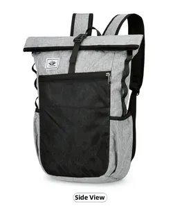 Side view of lightweight foldable gray hiking backpack with black mesh front pocket detail