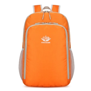Lightweight orange foldable outdoor sports backpack with mountain logo and mesh pockets