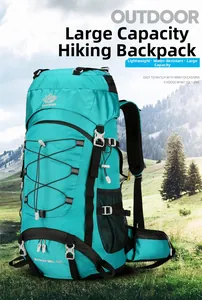 Detail of 60L teal hiking backpack showing its water-resistant fabric and side pockets