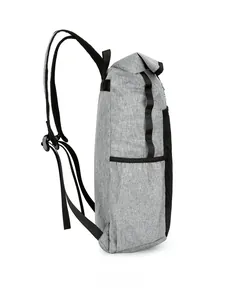 Side view of foldable ultra-light gray-black hiking backpack with roll-top and mesh pocket
