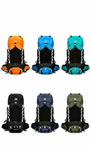 Outdoor 60L hiking backpacks shown in six different colors with multi-functional straps