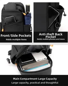 Détails des compartiments du sac bandoulière noir avec tissu imperméable et doublure rayée