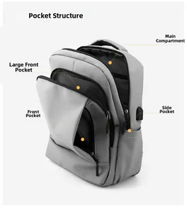 Detail view of water-resistant business backpack with USB port and pocket structure