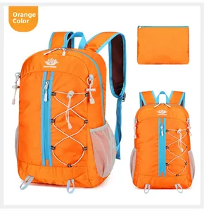 Foldable orange outdoor sports backpack showing compact storage pouch and lightweight design