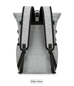 Detail view of the gray foldable backpack featuring padded straps and top handle