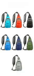 Vertical display showing seven colorful waterproof nylon outdoor hiking chest bags