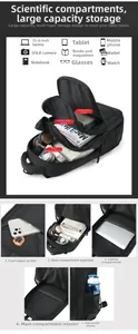 Internal compartments of black backpack for 15.6 inch laptop and digital accessories