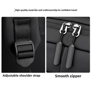 Detail of adjustable shoulder straps and smooth double zippers on black backpack