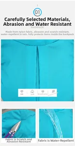 Detail of water-resistant and scratch-proof nylon fabric on blue hiking daypack