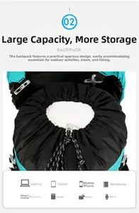 Detail view of the 60L hiking backpack's spacious main compartment with drawstring closure