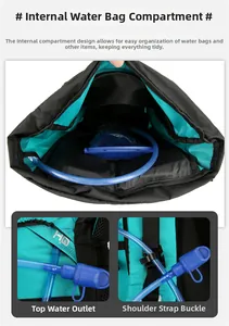 Detail of 60L hiking backpack showing internal hydration compartment and H2O tube outlet
