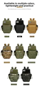 Tactical backpack details showing Molle webbing system and various camo color options