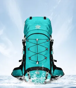 Waterproof blue hiking backpack 60L with high-density nylon fabric and splash effect