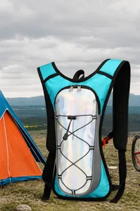 Detail of outdoor cycling backpack in blue and silver with breathable mesh straps