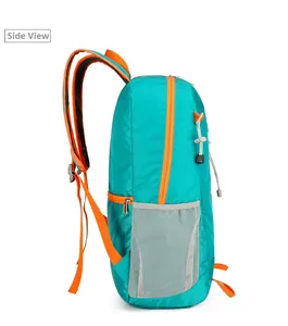 Side view of lightweight foldable hiking backpack in cyan with orange zip detail