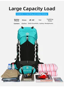 60L outdoor hiking backpack showcasing its large capacity with various gear and accessories