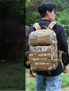 Close-up of tactical camo backpack with US flag patch and ergonomic padded straps
