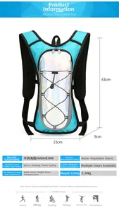 Detailed size chart for the hydration backpack showing 43x23x9cm water-resistant fabric