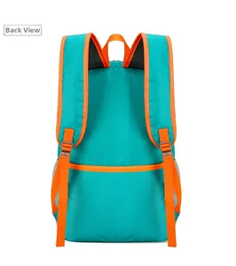 Back view of foldable hiking backpack in blue and orange with adjustable padded straps