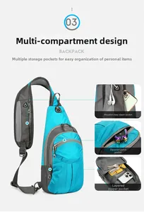 Detailed view of the hiking daypack showing multi-pocket design and breathable mesh strap