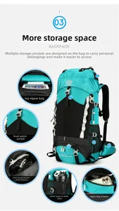 Detail view of 60L hiking backpack with five functional storage compartments and buckle
