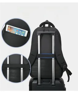 Detail view of business backpack with trolley sleeve and secure rear zipper pocket