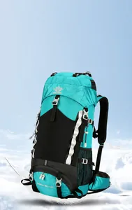 Detail view of 60L waterproof outdoor hiking backpack in blue with lightweight design