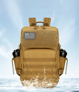 Waterproof khaki tactical backpack made of high-density nylon with American flag patch detail