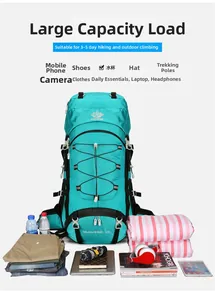 Detailed storage view of a 60L teal hiking backpack with outdoor gear and equipment