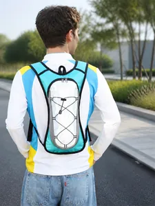 Rear view of a slim blue outdoor cycling backpack with reflective details for sports and hiking