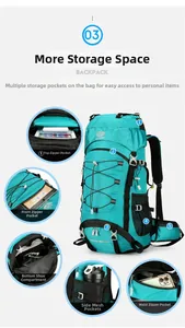 Infographic showing functional storage compartments of the 60L green hiking backpack