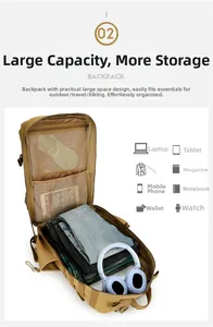 Tactical backpack with 180-degree flat opening main compartment and mesh storage pocket
