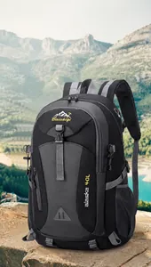 Detail of 40L hiking backpack with durable nylon fabric and secure buckles on rock