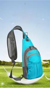 Close-up of lightweight hiking chest bag in blue and grey with honeycomb nylon fabric