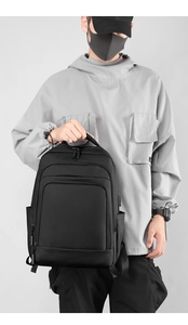 Detailed view of black business casual backpack made of premium waterproof nylon fabric