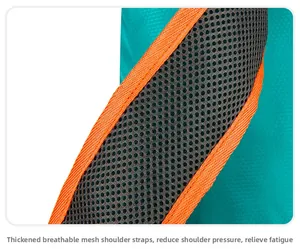 Close-up of thickened breathable mesh shoulder straps on a turquoise hiking backpack