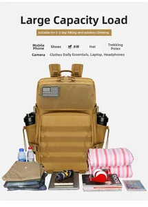 Detailed internal capacity view of khaki tactical backpack with MOLLE system and gear