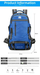 Detailed size specifications of 60L water-resistant hiking backpack for outdoor trekking