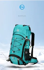 Detail view of 60L cyan outdoor hiking backpack with ripstop fabric and mesh side pockets